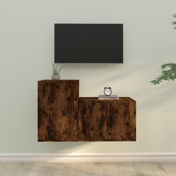 Smoked Oak Engineered Wood TV Cabinet Set  Wall-Mounted Design  Ample Storage Space  2 Pieces