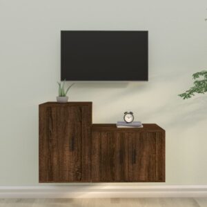 Classic Brown Oak Engineered Wood TV Cabinet Set  Wall-Mounted Design  Ample Storage Space