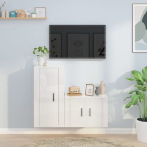 High Gloss White 2 Piece TV Cabinet Set  Engineered Wood  Wall-Mounted  Ample Storage Space