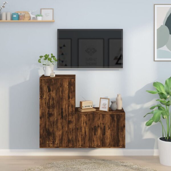 Smoked Oak Engineered Wood TV Cabinet Set  Wall-Mounted Design  Ample Storage Space  2 Pieces