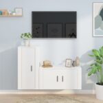 White Engineered Wood TV Cabinet Set - Wall Mounted  Ample Storage  Easy Assembly