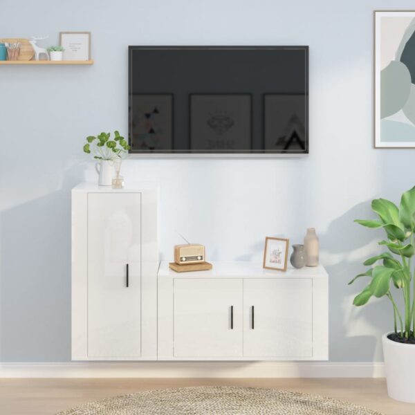 High Gloss White 2 Piece TV Cabinet Set  Engineered Wood  Wall-Mounted  Ample Storage Space