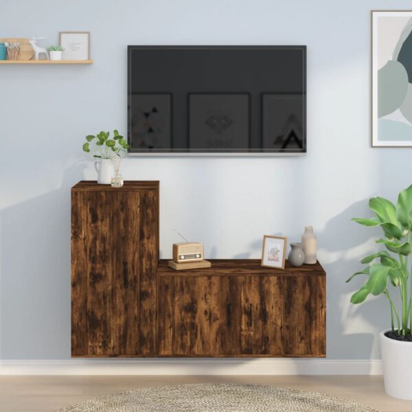 Smoked Oak Engineered Wood TV Cabinet Set - Wall Mounted  Ample Storage  Classic Design