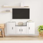 White Engineered Wood 3 Piece TV Cabinet Set  Wall-Mounted  Ample Storage  Easy Assembly