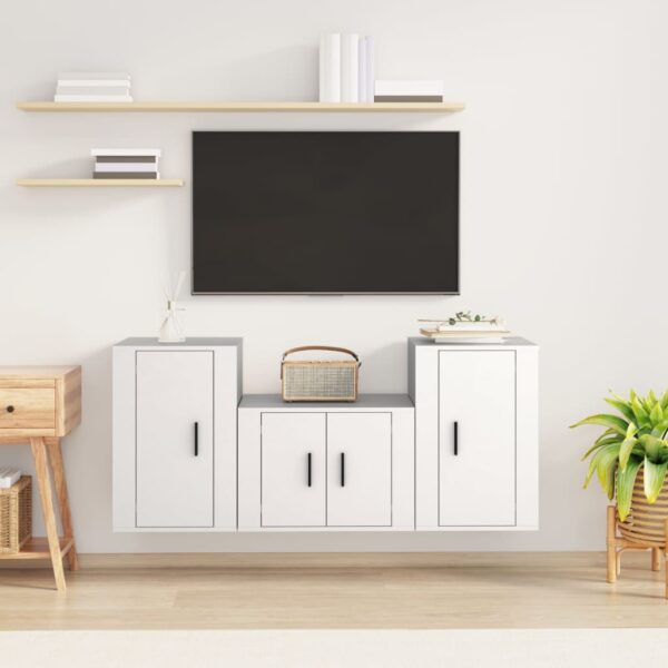 White Engineered Wood 3 Piece TV Cabinet Set  Wall-Mounted  Ample Storage  Easy Assembly