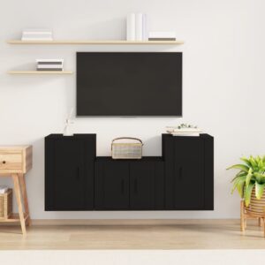 3 Piece TV Cabinet Set in Black Engineered Wood  Wall-Mounted Design  Ample Storage Space