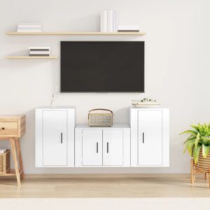 High Gloss White 3 Piece TV Cabinet Set  Engineered Wood  Wall-Mounted  Ample Storage Space