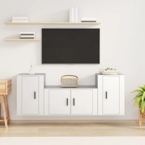 White Engineered Wood 3 Piece TV Cabinet Set - Wall Mounted  Ample Storage  Classic Design