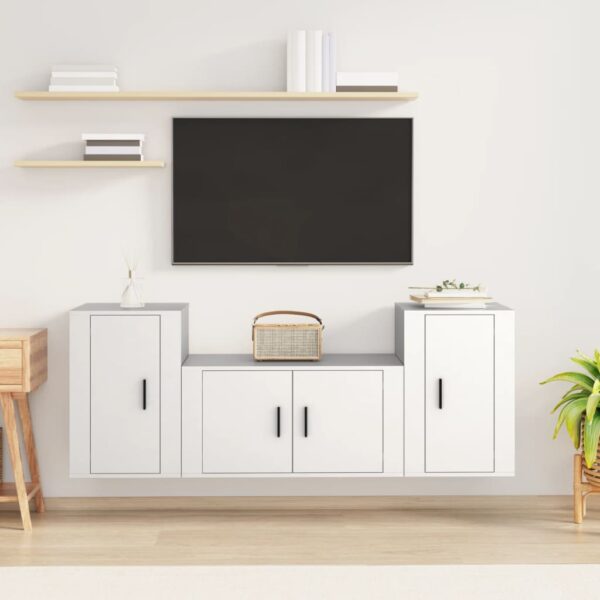 White Engineered Wood 3 Piece TV Cabinet Set - Wall Mounted  Ample Storage  Classic Design