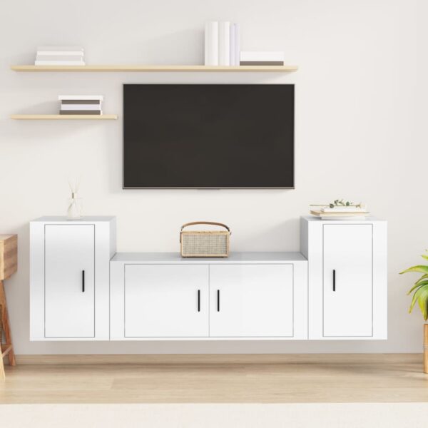 High Gloss White 3 Piece TV Cabinet Set  Engineered Wood  Wall-Mounted  Ample Storage Space