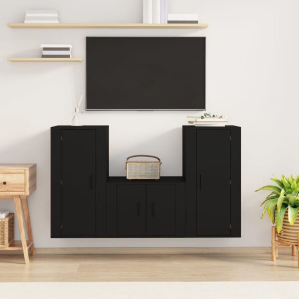 3 Piece Black TV Cabinet Set  Engineered Wood  Wall-Mounted  Ample Storage  Easy Assembly