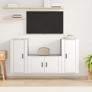 White Engineered Wood TV Cabinet Set - 3 Pieces  Wall-Mounted  Ample Storage  Easy Assembly