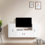 White Engineered Wood 3 Piece TV Cabinet Set - Wall Mounted  Ample Storage  Moisture Resistant