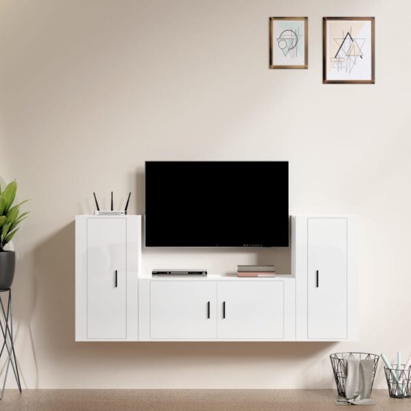 High Gloss White 3 Piece TV Cabinet Set  Engineered Wood  Wall-Mounted Design  Ample Storage Space