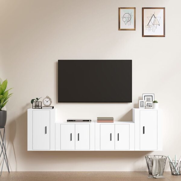 White Engineered Wood TV Cabinet Set - 4 Pieces  Wall-Mounted  Ample Storage  Easy Assembly