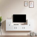 High Gloss White 4 Piece TV Cabinet Set  Engineered Wood  Wall-Mounted  Ample Storage Space