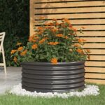 Outdoor Garden Planter Durable Powder-Coated Steel Anthracite Large Round Shape