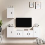 White Engineered Wood TV Cabinet Set  Five Pieces  Wall-Mounted  Ample Storage  Classic Design