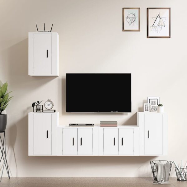 White Engineered Wood TV Cabinet Set  Five Pieces  Wall-Mounted  Ample Storage  Classic Design