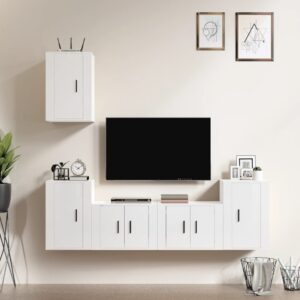 High Gloss White 5 Piece TV Cabinet Set  Engineered Wood  Wall-Mounted  Ample Storage Space