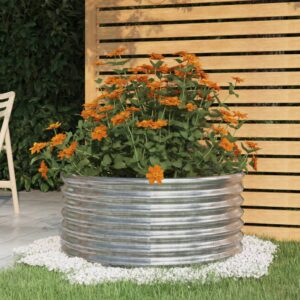 Outdoor Garden Planter Powder-Coated Steel Silver Large Round Shape for Patio Balcony