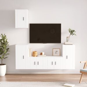 White Engineered Wood 5 Piece TV Cabinet Set  Wall-Mounted  Ample Storage  Classic Design