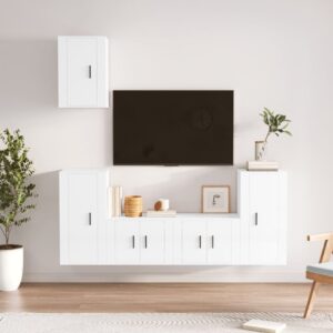 High Gloss White 5 Piece TV Cabinet Set  Engineered Wood  Wall-Mounted  Ample Storage Space