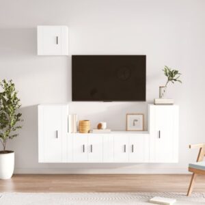 White Engineered Wood TV Cabinet Set  Wall-Mounted Design  Ample Storage  Five Pieces