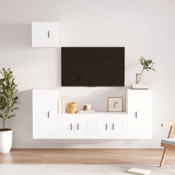 White Engineered Wood TV Cabinet Set  Wall-Mounted Design  Ample Storage  Five Pieces