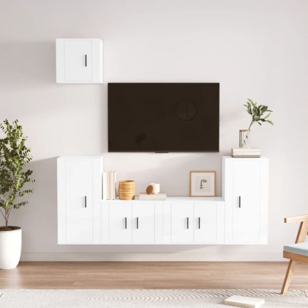 High Gloss White 5 Piece TV Cabinet Set  Engineered Wood  Wall-Mounted  Ample Storage Space