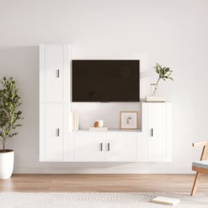 White Engineered Wood TV Cabinet Set  4 Pieces  Wall-Mounted  Ample Storage  Classic Design