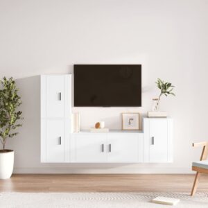 White Engineered Wood TV Cabinet Set  4 Pieces  Wall-Mounted  Ample Storage  Classic Design