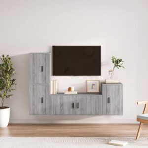 Grey Sonoma Engineered Wood TV Cabinet Set  Wall-Mounted Design  Ample Storage Space  4 Pieces