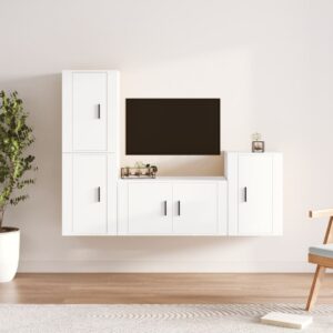 White Engineered Wood TV Cabinet Set - 4 Pieces  Wall-Mounted  Ample Storage  Easy Assembly