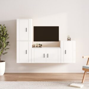 High Gloss White 4 Piece TV Cabinet Set  Engineered Wood  Wall-Mounted  Ample Storage Space