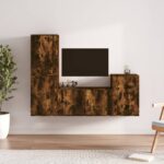 Smoked Oak Engineered Wood TV Cabinet Set  4 Pieces  Wall-Mounted  Ample Storage Space