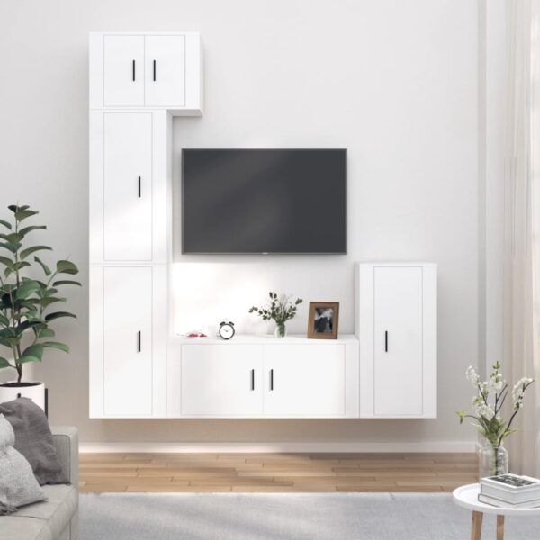 White Engineered Wood TV Cabinet Set - 5 Pieces  Wall-Mounted  Ample Storage  Easy Assembly