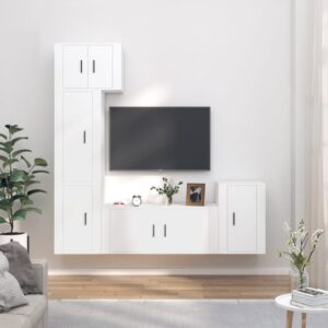 White Engineered Wood TV Cabinet Set - 5 Pieces  Wall-Mounted  Ample Storage  Classic Design