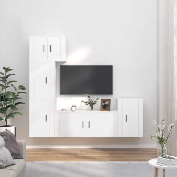 White Engineered Wood 5 Piece TV Cabinet Set  Wall-Mounted  Ample Storage  Moisture Resistant