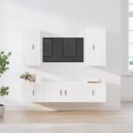 High Gloss White 5 Piece TV Cabinet Set  Engineered Wood  Wall-Mounted  Ample Storage Space