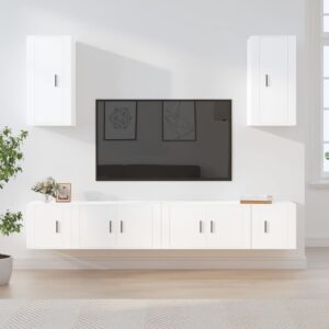 White Engineered Wood TV Cabinet Set  Wall-Mounted  Ample Storage  Six Piece  Classic Design