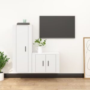 White Engineered Wood TV Cabinet Set - Wall Mounted  Ample Storage  Easy to Clean  2 Piece