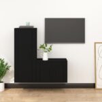 Black Engineered Wood TV Cabinet Set - Wall Mounted  Ample Storage  Easy to Clean  2 Piece