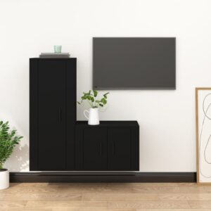 Black Engineered Wood TV Cabinet Set - Wall Mounted  Ample Storage  Easy to Clean  2 Piece