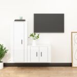 High Gloss White 2 Piece TV Cabinet Set  Engineered Wood  Wall-Mounted  Ample Storage Space