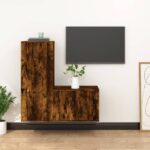 Smoked Oak Engineered Wood TV Cabinet Set  2 Pieces  Wall-Mounted Design  Ample Storage Space