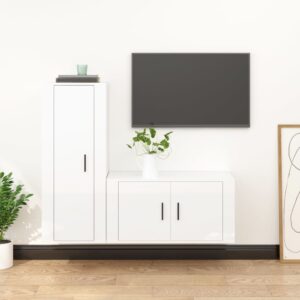 High Gloss White 2 Piece TV Cabinet Set  Engineered Wood  Wall-Mounted  Ample Storage Space