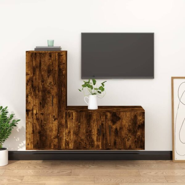 Smoked Oak Engineered Wood TV Cabinet Set  Wall-Mounted Design  Ample Storage Space  2 Pieces