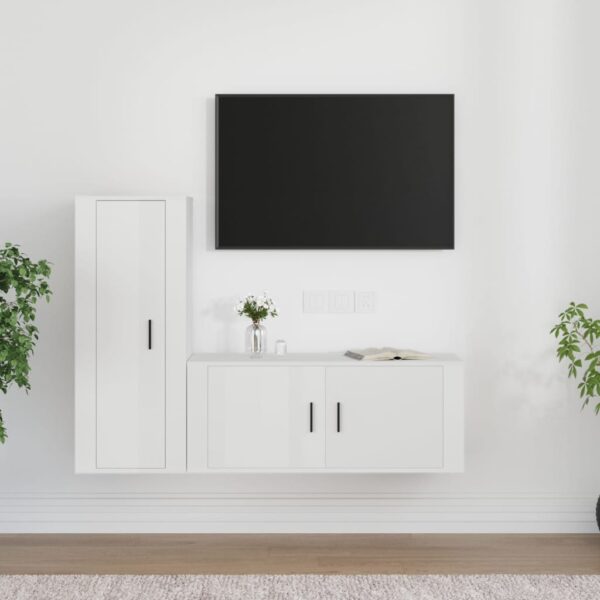 High Gloss White 2 Piece TV Cabinet Set  Engineered Wood  Wall-Mounted  Ample Storage Space