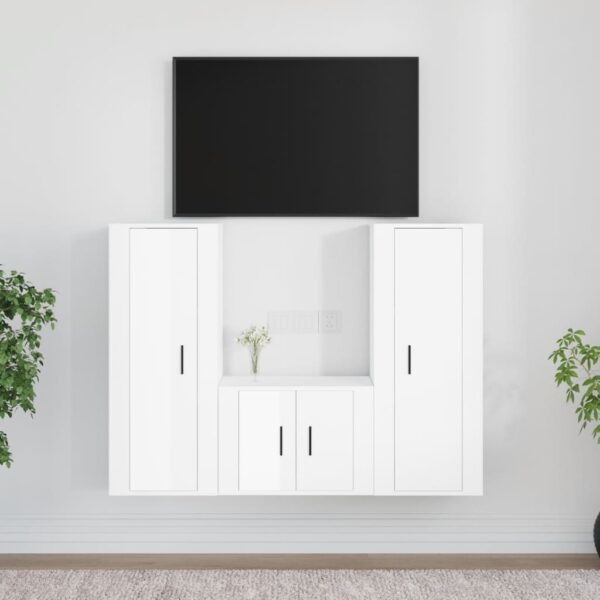 High Gloss White 3 Piece TV Cabinet Set  Engineered Wood  Wall-Mounted  Ample Storage Space